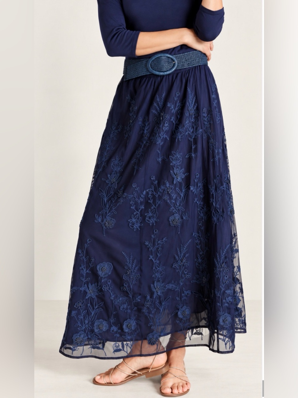 NWT SOFT SURROUNDINGS NAVY ZURI EMBROIDERED MESH BEADED BOHO MAXI SKIRT SZ XL